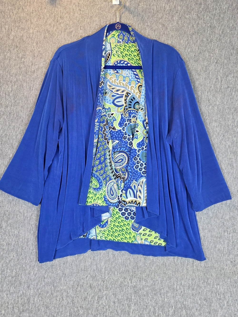 Slinky Brand Reversible Blue/Green Paisley Open-Front Women’s Sweater Jacket 1X